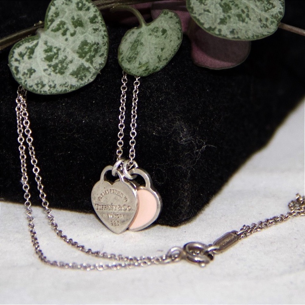 Tiffany & Co Return to Tiffany Double Heart Tag Necklace Silver Pink Enamel 925